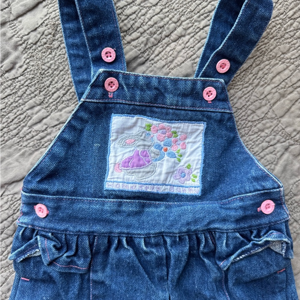 Denim Pink-Button Girls' Overalls with Ruffles and Floral Bunny Embroidery